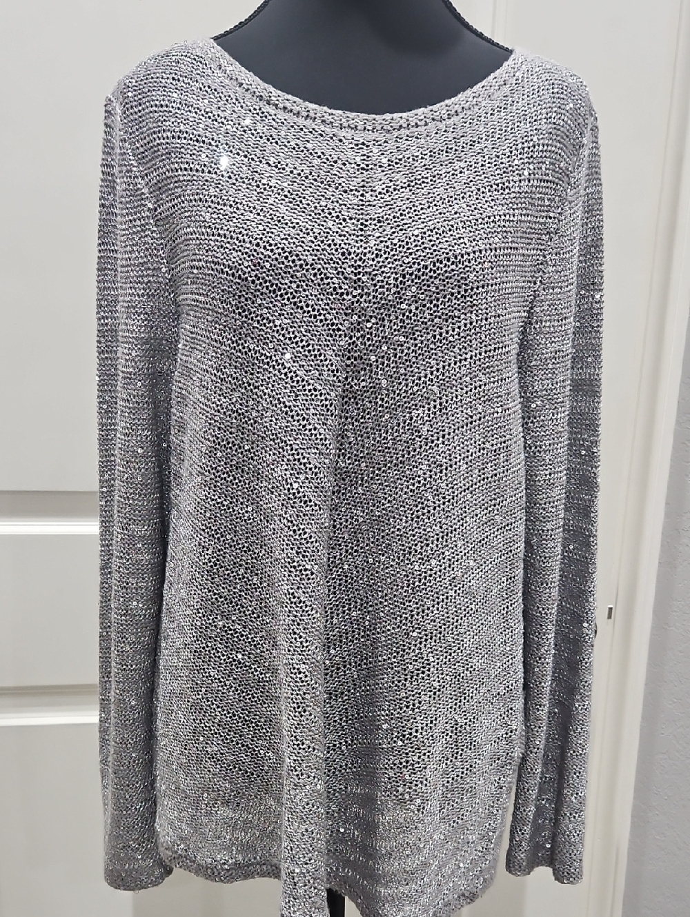 Chico's Silver Charcoal Gray Sequin Open Knit Top